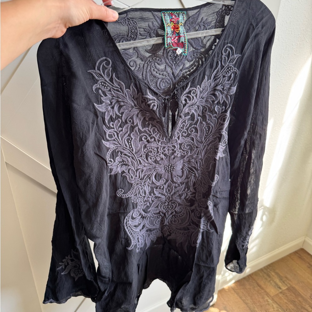 Johnny Was Black Long-Sleeve Tunic with Gray Embroidery